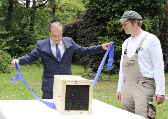 Imker Jürgen Dyckerhoff übergibt eine Bienenschwarm an Lutz Heese, Präsident der Bayerischen Architektenkammer.