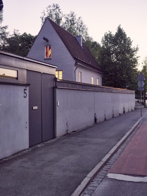 Strassenansicht Nordost mit Betonwand und Efeuanpflanzung