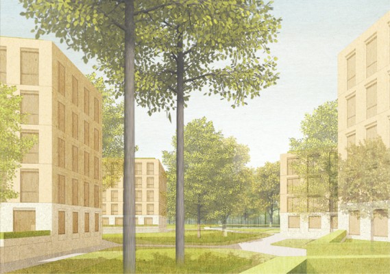 Planungsentwurf des Quartiers mit Blick in den zentralen Grünraum nach Westen © Ortner & Ortner Baukunst, Berlin