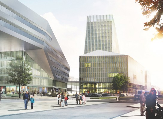 Der geplante Flügelbahnhof an der Arnulfstraße, links das Hauptgebäude. Simulation © Auer Weber Architekten
