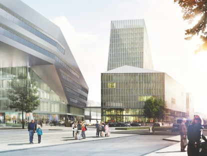 Der geplante Flügelbahnhof an der Arnulfstraße, links das Hauptgebäude. Simulation © Auer Weber Architekten