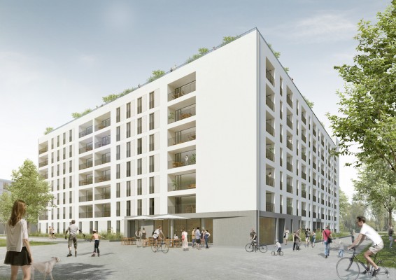 Fassadenansicht Süd-Westecke mit Bewohnertreff und ambulanter Pflege-WG © Rendering: Baumschlager Hutter Partners München