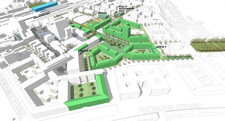 Plan 'wohnen': Durch ihre Anordnung um den neuen Park, sind die Wohnungen vor Veranstaltungs-, Bahn- und Straßenlärm geschützt. © Steidle Architekten