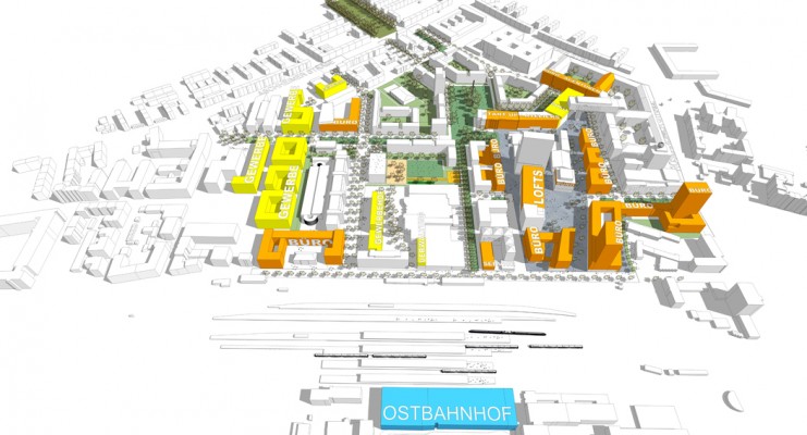 Plan 'arbeiten': Rund ein Viertel des Gesamtareals ist für neue Gewerbeflächen vorgesehen. Hier sollen bis zu 7.000 neue Arbeitsplätze entstehen. © Steidle Architekten