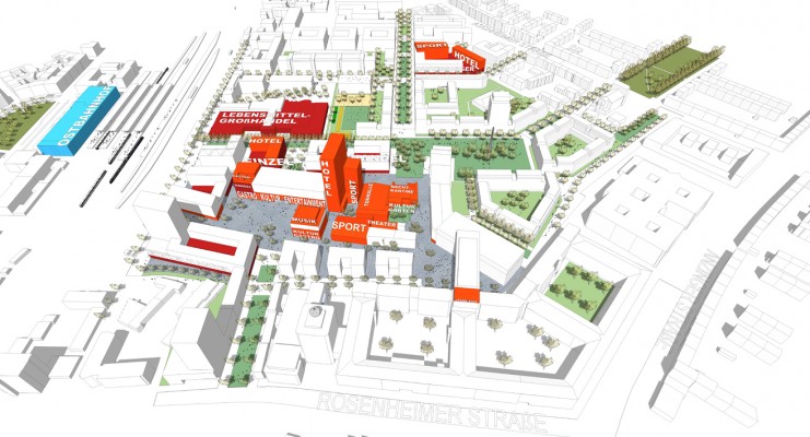 Plan 'leben': Um den zentralen Platz am WERK 3 entfaltet sich das pulsierende Herzstück des Werksviertels. Ein ausgewogener Nutzungsmix aus Hotels, Gastronomie und Kunst entsteht. © Steidle Architekten