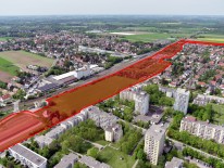 Luftbild mit Kennzeichnung des Wettbewerbgebiets für Wohnquartier Ratoldstraße München