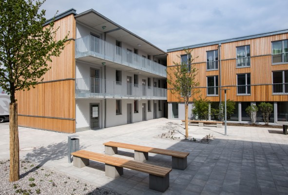 Holzhybridbau der Gewofag an der Bodenseestraße in München. Foto: Lukas Barth