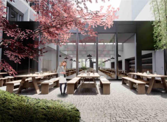 KARL München, Ansicht Garten Gastronomie. © Rendering David Chipperfield Architects