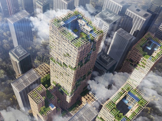 W350 PROJECT SUMITOMO FORESTRY & NIKKEN SEKKEI DEVELOPING A GREEN CITY WITH TIMBER STRUCTURES FOR MORE COMFORTABLE GLOBAL ENVIRONMENT Mixed-Use TOKYO floor area sqm 455,000, height 350