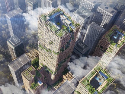 W350 PROJECT SUMITOMO FORESTRY & NIKKEN SEKKEI DEVELOPING A GREEN CITY WITH TIMBER STRUCTURES FOR MORE COMFORTABLE GLOBAL ENVIRONMENT Mixed-Use TOKYO floor area sqm 455,000, height 350