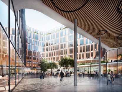 Hochwertige Fassaden in ökologischer und nachhaltiger Bauweise und ruhige Innenhöfe sollen das Quartier rund um das neue Technologie-Zentrum beleben. © HENN / Quelle G+D, Juli 2019