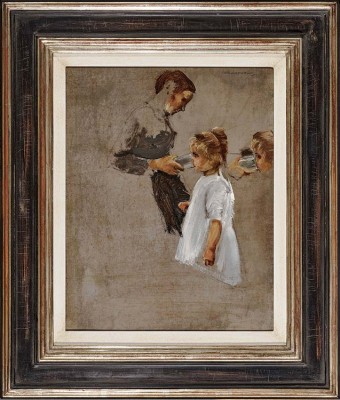 ┬® Dr. Michael Nöth Kunsthandel und Galerie. Max Liebermann, Frau mit Kind, Studie zum Gemälde Münchner Biergarten, 1883, Öl auf Papier, 32 x 26 cm