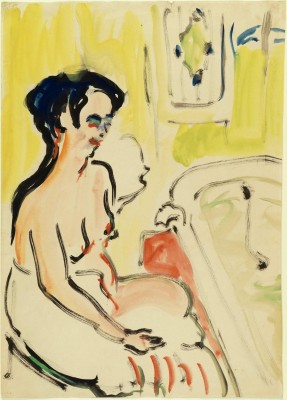 Kirchner, Ernst Ludwig, Weiblicher Akt neben Badewanne  um 1909  Aquarell, Tusche und Gouache auf Papier © Kunkel Fine Art