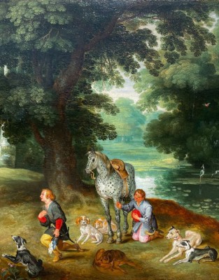 Ausschnitt aus Jan Brueghel d.J. Waldlandschaft mit Hl. Hubertus, um 1620, 53,5 x 74,5 cm. © Kunsthandel Peter Mühlbauer