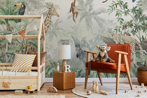 Fototapete mit Dschungel und Tieren im Kinderzimmer   © myloview.de