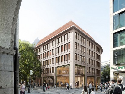 Historische Brüstungen der Bestandsfassade werden bewahrt, eine elegante Dachumgestaltung ergänzt das Ensemble (Visualisierung © OLIV Architekten)