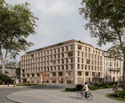 Fußgängerperspektive Ecke Widenmayerstraße, Blick aus südöstlicher Richtung unter Einbeziehung des Vorfeldes der Maximilianstraße