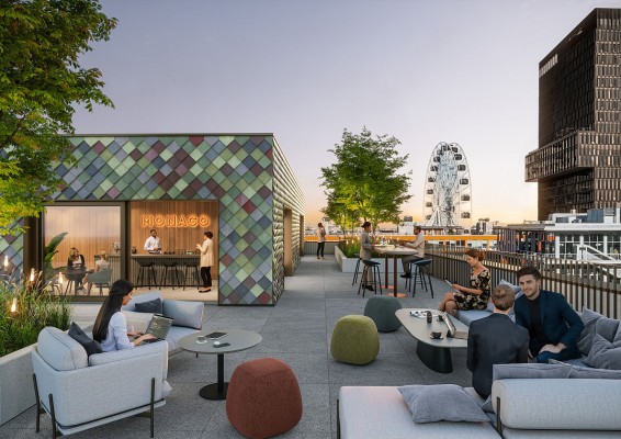 Dachterrasse mit Blick zum Umadum-Riesenrad (Rendering © MVRDV)