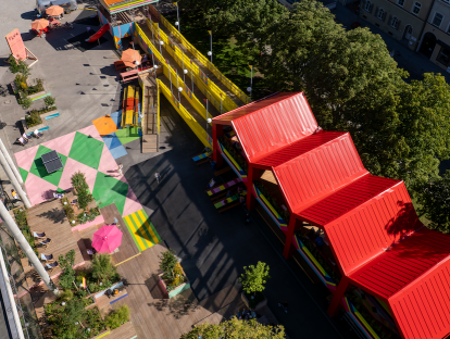 Cometogether neben der Pinakothek der Moderne: FLUX von oben (Drohnenaufnahme: Maurice Luebeck)