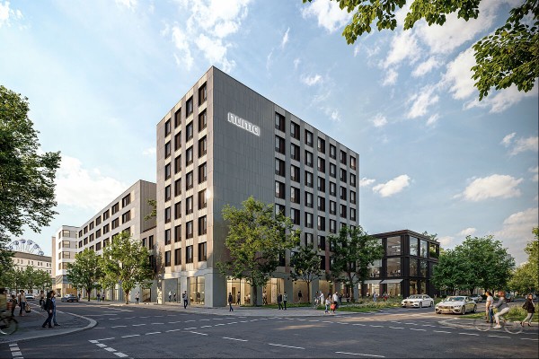 Visualisierung Hotelfassade NUMA (© R&S Immobilienmanagement GmbH | Urheber: HENN Architekten)