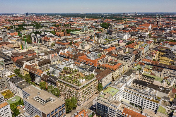 Das Gebäude an der Ecke zur Goethestrasse als Luftaufnahme