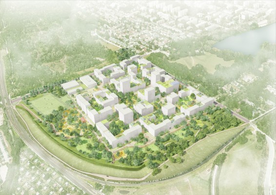 Eggarten-Siedlung aus der Vogelperspektive von Südost (© Studio Wessendorf Berlin und Atelier Loidl GmbH Berlin)