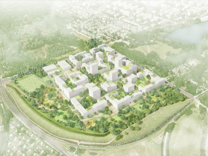 Eggarten-Siedlung aus der Vogelperspektive von Südost (© Studio Wessendorf Berlin und Atelier Loidl GmbH Berlin)