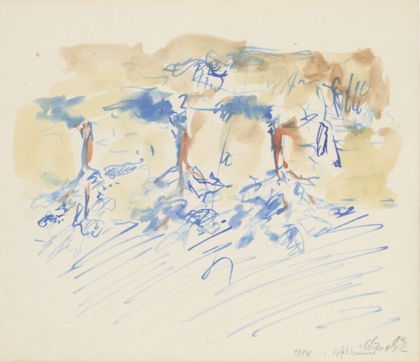 Aquarell "Drei Apfelbäume" von Georg Baselitz,1974, 305 x 361 mm, Staatliche Graphische Sammlung München, Wittelsbacher Ausgleichsfonds, München, Inv.-Nr. WAF Slg. PF 294 (Copyright: © Georg Baselitz 2026 Foto: Staatliche Graphische Sammlung München)