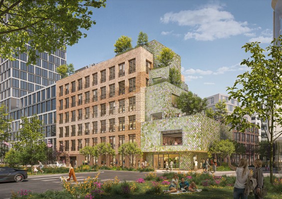 Die Fassade des MONACO kombiniert Pretty Plastic-Schindeln und alte Klinkersteine (Rendering: © MVRDV)