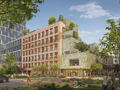 Die Fassade des MONACO kombiniert Pretty Plastic-Schindeln und alte Klinkersteine (Rendering: © MVRDV)