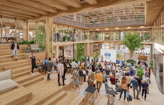 Das zweigeschossige Auditorium mit rund 200 Plätzen ist geeignet für Townhalls, Konferenzen und Networking. Das Gebäude hat Wilmotte & Associés entworfen (Visualisierung: © Accumulata, Urheber: rendart Architekturvisualisierungen).