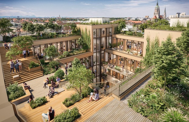 Der Dachgarten des Gebäudes, das Wilmotte & Associés entworfen hat, ist für alle Mieter da (Visualisierung: © Accumulata, Urheber: rendart Architekturvisualisierungen).