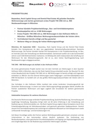 Pressetext zu Projekt THE ONE von der Deutsche Wohnvorsorge, gegründet durch die Baywobau, Rock Capital Group und Domicil Real Estate AG